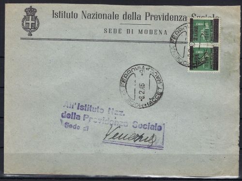 A) Italien 1946, Dienstbrief Modena (Rentenanstalt) n. Venedig