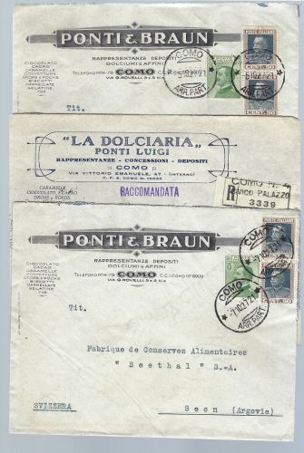 A) Italien 1927, 3 Werbebriefe "Ponti & Braun Como" nach Seon (CH)