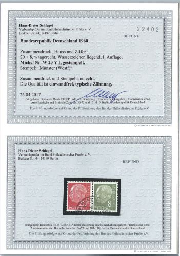 A) Bund Heuss I, W 23 YI ° einwandfrei, Befund Schlegel BPP, ME 600€