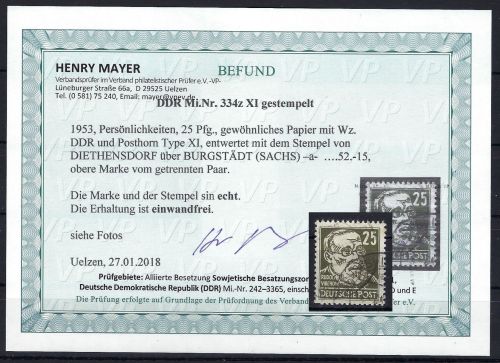 A) DDR Mi 334 z XI ° einwandfrei, Befund Mayer VP, ME 450