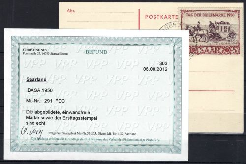 A) Saarland Mi 291 FDC Karte, einwandfrei, Befund Ney VPP, ME 350€