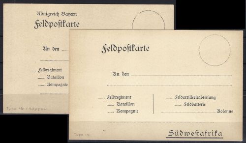 A) DSWA 2 ungebr. Feldpostkarten Südwestafrika, 1x Königreich Bayern