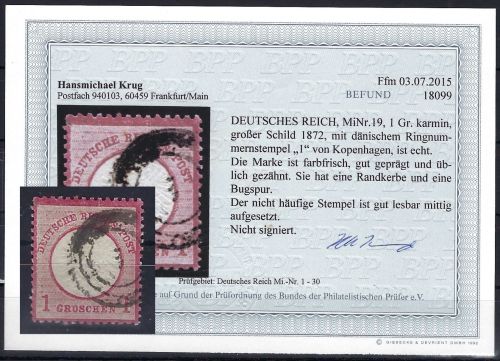 A) DR Mi 19 ° mit dänischem Ringnummernstempel 1, Befund Krug BPP