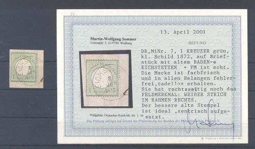 Dt. Reich Mi.Nr. 7, 1 Kreuzer Brustschild auf Briefstück, Befund BPP