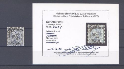 Dt. Reich Dienst Mi.Nr. 60y, 20 Pfg. Dienst 1920 gestempelt Befund BPP