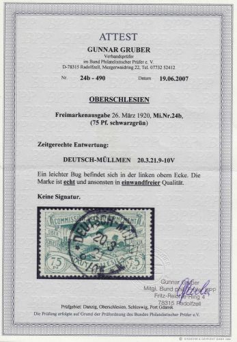 Dt. Abstimmung Oberschlesien Mi.Nr. 24b gestempelt, Fotoattest BPP