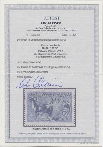 Dt. Reich Mi.Nr. 196 DD, 20 Mark 1922 mit Doppeldruck **, FA BPP