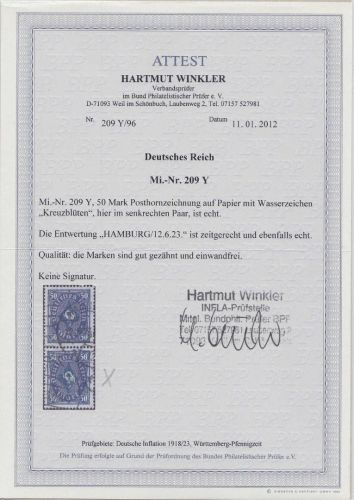 Dt. Reich Mi.Nr. 209 Y, 50 Pfg. Wasserzeichen Y gestempelt, FA BPP