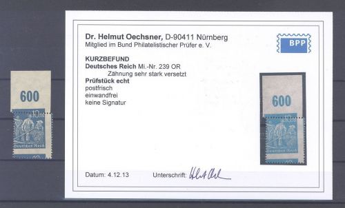 Dt. Reich Mi.Nr. 239, 10 Mark mit stark versetzter Zähnung, Befund BPP