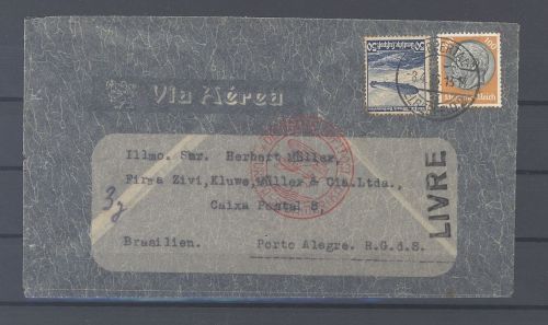Dt. Reich, Luftpost Brief 1935 mit MiF Wuppertal nach Brasilien