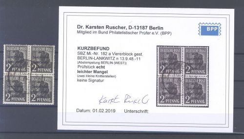SBZ Mi.Nr. 182, 2 Pfg, 1948 Viererblock Westberlin Stempel, Befund BPP