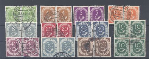Bund, 11 verschiedene gestempelte Posthorn Paare als Posten, viel geprüft