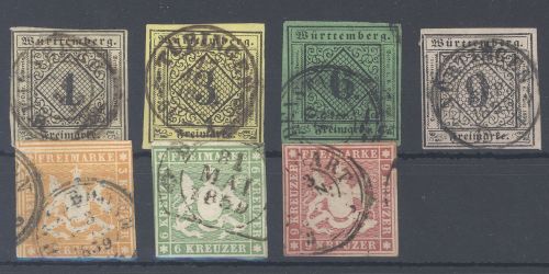 Württemberg Mi.Nr. 1-4 und 7-9 aus Freimarken 1851-57 gestempelt