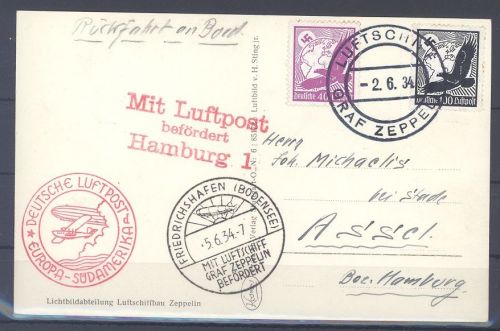 Dt. Reich, Zeppelinkarte 1934 mit drei verschiedenen Stempeln