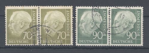 Bund Mi.Nr. 191, 193, 70 + 90 Pfg. Heuss 1954 als gestempelte Paare