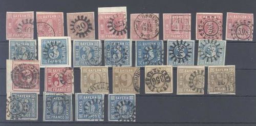 Bayern, gestempelter Posten ab Kreuzerausgaben auf 3 Steckkarten