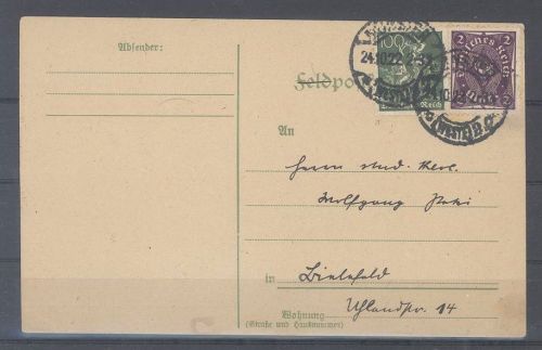 Dt. Reich, Karte mit Mi.Nr. 224b, 2 Mark Posthorn 1922 MiF, geprüft Infla