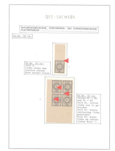SBZ, ** Posten Besonderheiten aus Mi.Nr. 52 auf vier Sammlerblättern
