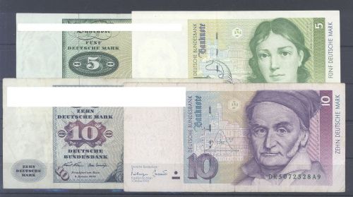 Deutschland, 4 verschiedene 5 und 10 DM Scheine als Posten