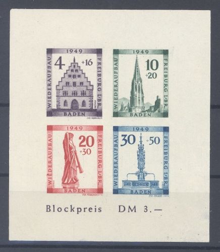 Franz. Zone Baden Block 1 B V mit Plattenfehler IV **, geprüft BPP