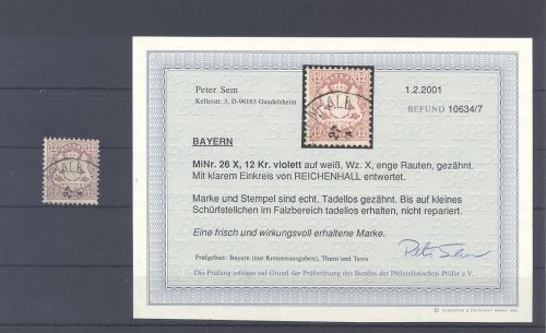 Bayern Mi.Nr. 26x, 12 Kreuzer Wappen 1870 gestempelt, Befund BPP