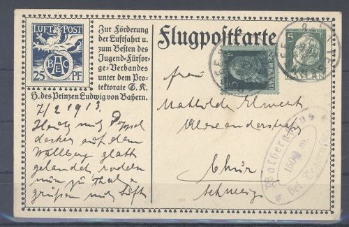 Bayern, gelaufene Flugpostkarte mit ZuF aus Tegernsee