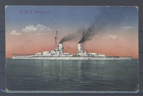 Dt. Schiffspost, gelaufene AK mit Motiv S.M.S. Markgraf