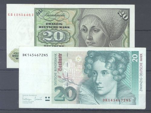 Deutschland, 2 verschiedene 20 DM Scheine als Posten