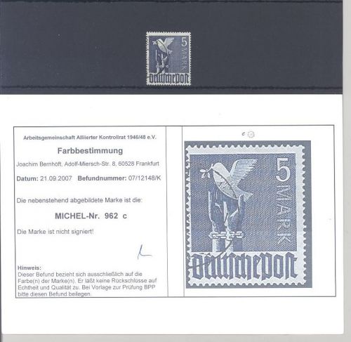 All. Besetzung Mi.Nr. 962c 5 M. Friedenstaube gestempelt Befund ArGe