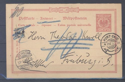 Deutsche Post Türkei, gelaufene Antwortkarte aus Port Said - Ägypten