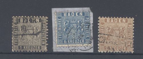 Baden Michel Nummer 13-15, Freimarken 1862 gestempelt