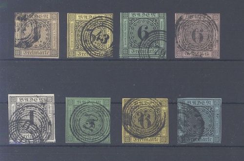 Baden Michel Nummer 1-8, Freimarken 1851-58 gestempelt