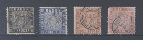 Baden Michel Nummer 9-12, Freimarken 1860 gestempelt