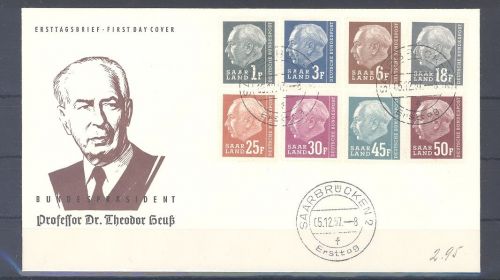 Saarland, 8 Werte aus Michel Nummer 409-28 Heuss II auf FDC