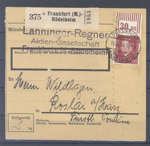 Dt. Reich, Paketkarte mit Michel Nummer 421 W aus Frankfurt
