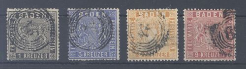 Baden Michel Nummer 9-12, Freimarken 1860 gestempelt