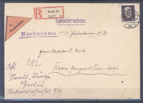 Dt. Reich, NN R - Brief mit Michel Nr. 422, 80 Pfg. Hindenburg als EF