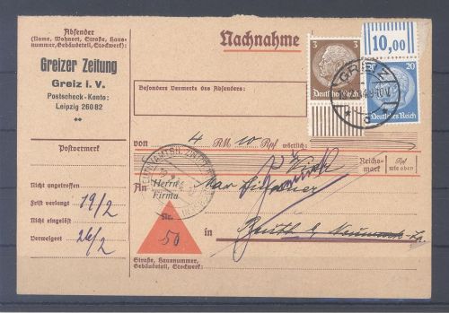 Dt. Reich, NN Karte mit 20 Pfg. Hindenburg mit Walzen OR als MiF
