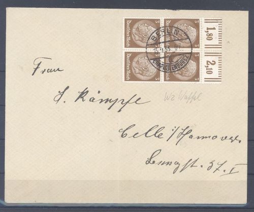Dt. Reich, Brief mit 3 Pfg. Hindenburg Viererblock Walzen OR als MeF