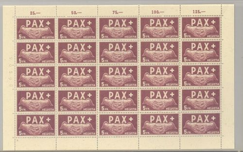 Schweiz Michel Nummer 458, 5 Fr. Pax 1945 als ** Bogen
