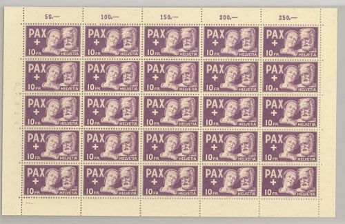 Schweiz Michel Nummer 459, 10 Fr. Pax 1945 als ** Bogen