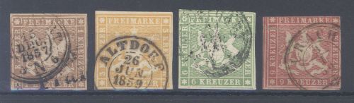 Württemberg Michel Nummer 6-9 aus Freimarken 1857 gestempelt