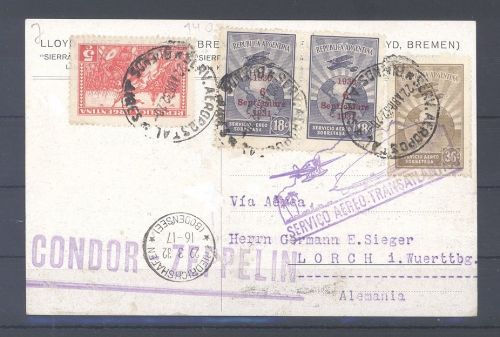 Dt. Reich, Zeppelinpost Karte 1932 aus Argentinien nach Friedrichshafen