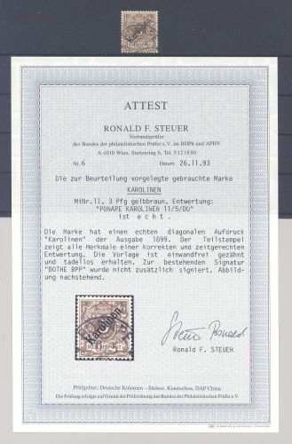 Dt. Kolonien Karolinen Michel Nummer 1 I, 3 Pfg. gestempelt, FA BPP