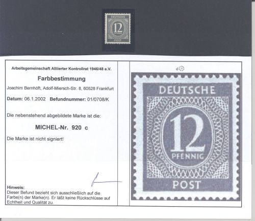All. Besetzung Mi.Nr. 920c, 12 Pfg. Freimarke Farbe c **, Befund ArGe