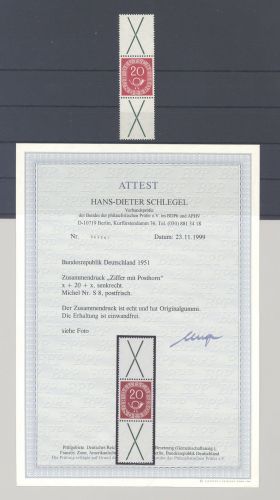 Bund, Posthorn Zusammendruck S 8, 20 Pfg. Posthorn 1951 **, FA BPP