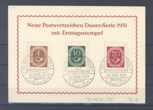 Bund, FDC Michel Nummer 124, 128, 130 aus Posthorn 1951 auf Karte