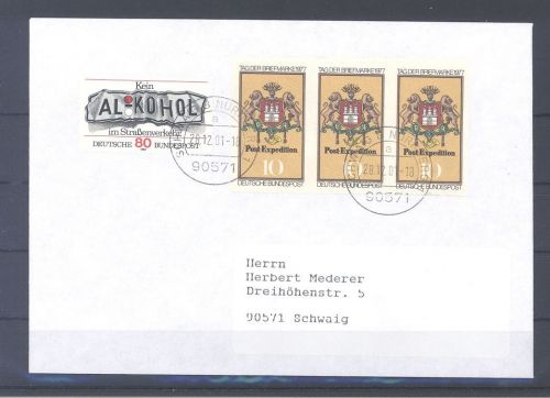 Bund, Brief mit 3 x Michel Nr. 948 U, Tag der Briefmarke 1977 ungezähnt