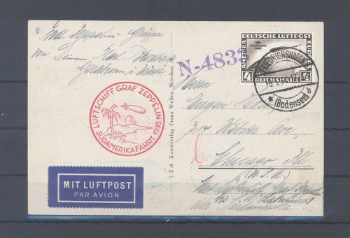 Dt. Reich, Zeppelinbrief mit Michel Nr. 439, 4 Mark Südamerikafahrt EF