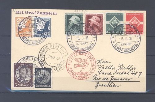 Dt. Reich, Zeppelinpost Karte 1. Südamerikafahrt 1935 mit schöner MiF